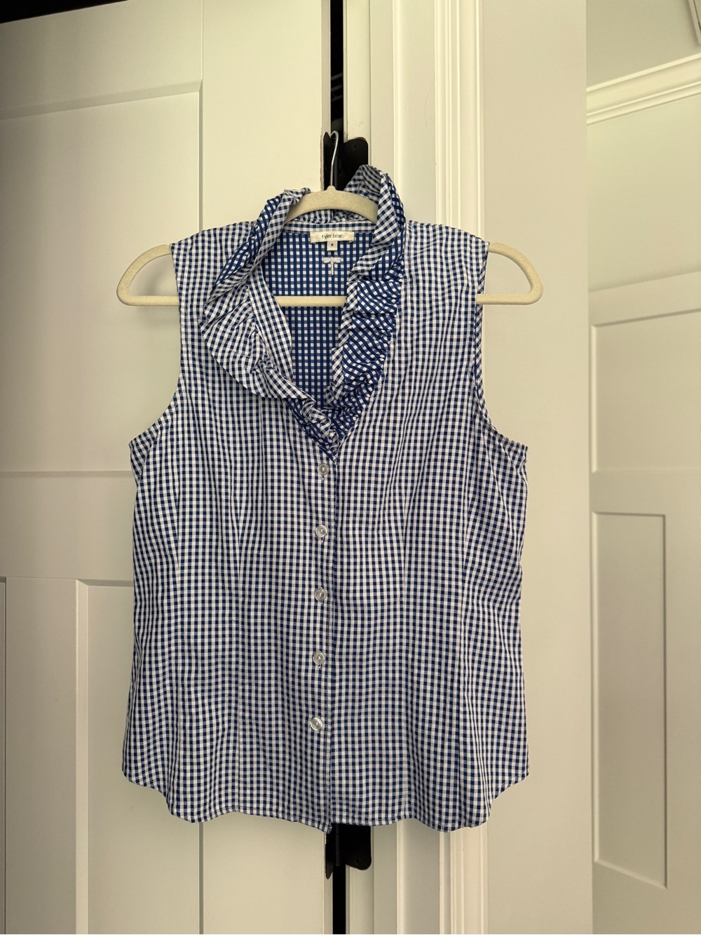Tyler Boe gingham blue sleeveless ruffle neck button up‎ top